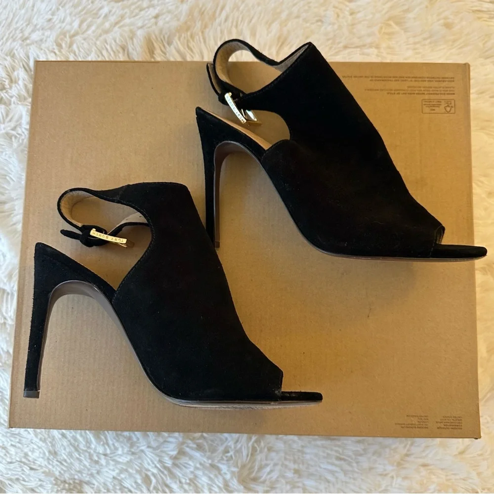 Tory Burch Britannia Black Suede Peep Toe Slingback Heels Women’s Size 8